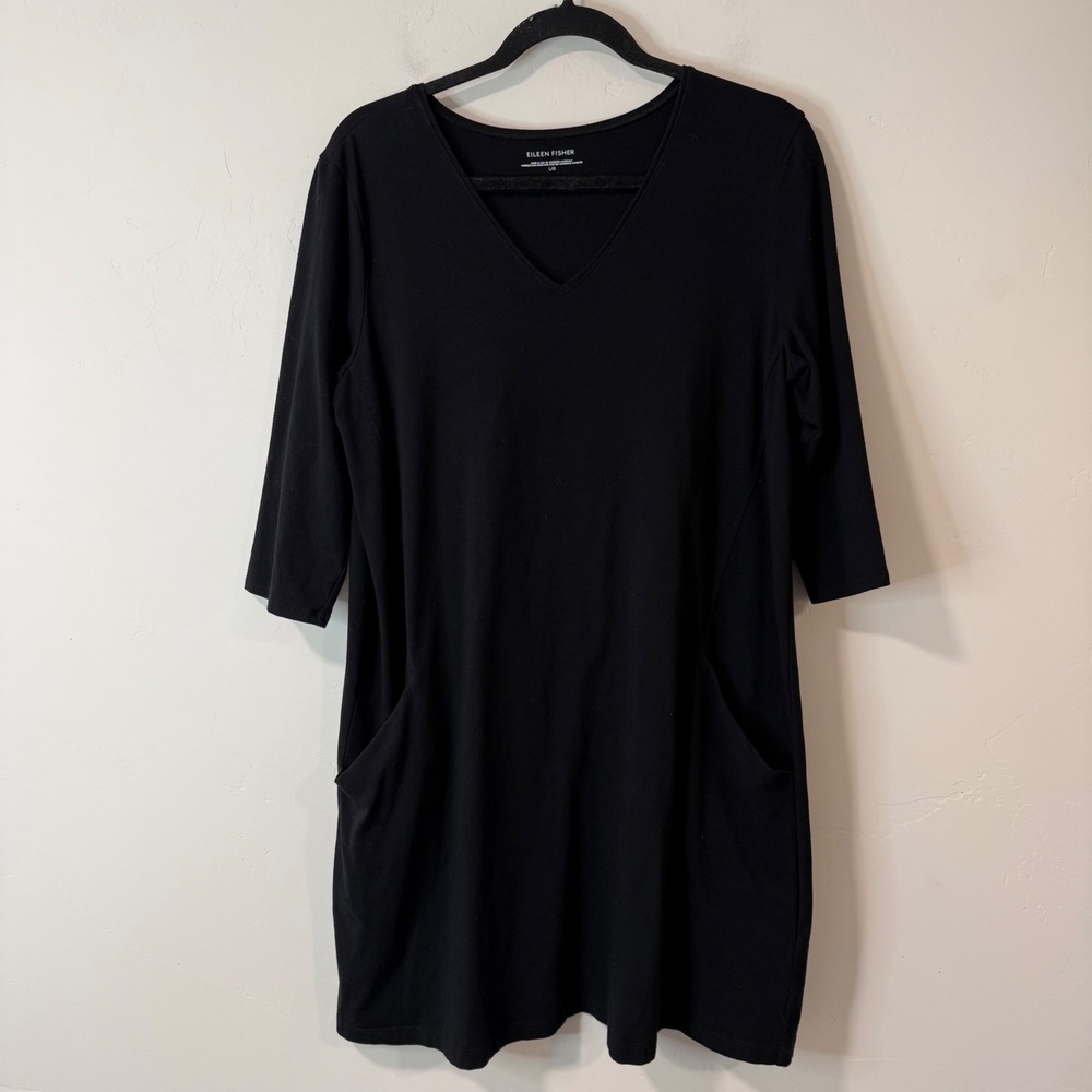 Eileen Fisher Womens Tunic Stretch Jersey Dress Large Black Organic Cotton VNeck